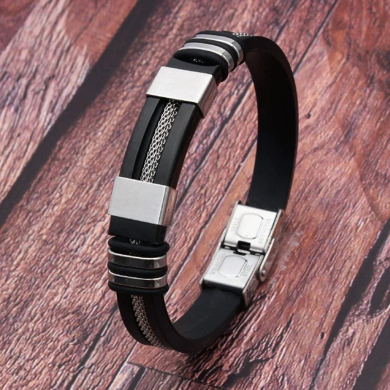 Stainless Steel Silicon Leather Bracelet
