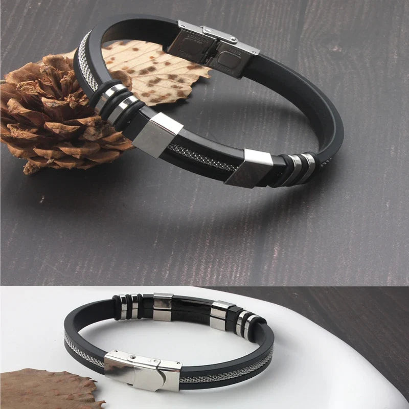 Stainless Steel Silicon Leather Bracelet